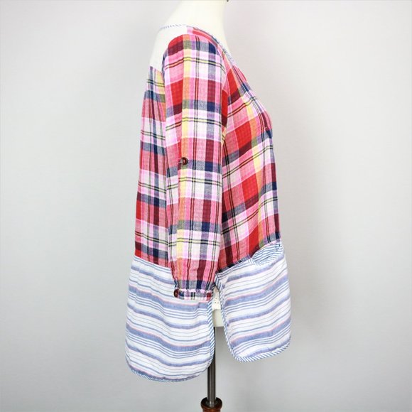 Niko and… Red Plaid Striped Button Front Floral Eyelet Tunic Women’s Size M - Picture 9 of 16